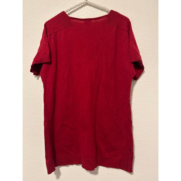 Chicos Size 1 US Medium Red Tunic Sweater Stretch Short Sleeve Silk V-Neck Top - Picture 16 of 16
